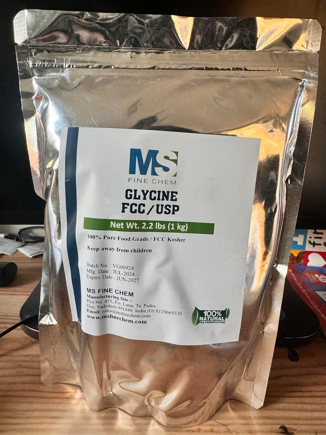 1 Kg (2.2 lb) of MS Finechem Glycine Powder - High Quality FCC/USP Certified Supplement with 3000mg Glycine per Serving - Pure, Gluten Free Amino Acid