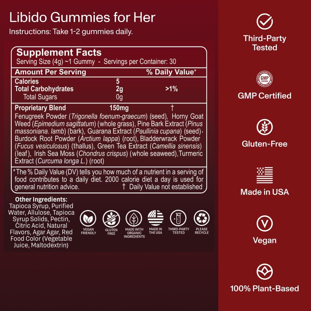 1 Month Supply Libido Boosting Gummies with Horny Goat Weed for Men & Women | Enhance Desire, Arousal, Energy, Stamina, Performance, Endurance | Hormone Balance Kit for Intimacy
