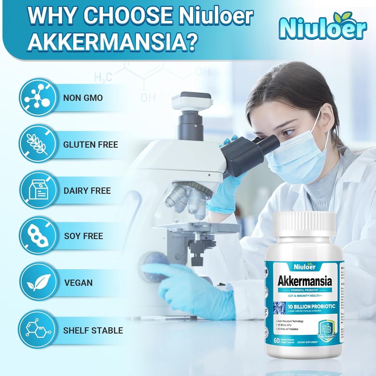 10 Billion AFU Niuloer Akkermansia & GLP-1 Probiotic with Organic Prebiotics - Digestive & Immune Support for Men & Women - Gut Health Supplement (60 Capsules)