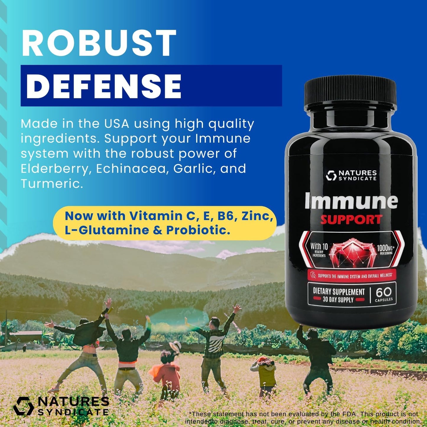 10-in-1 Immune Support Supplement with Echinacea, Elderberry, Garlic, Turmeric, Probiotic, Zinc, Vitamin C, E, B6 & L-Glutamine