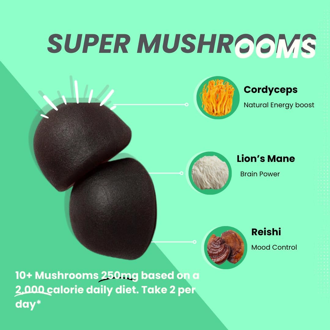 10-in-1 Super Mushroom Daily Gummies with Chaga, Lions Mane, Reishi, Cordyceps - 60 Count