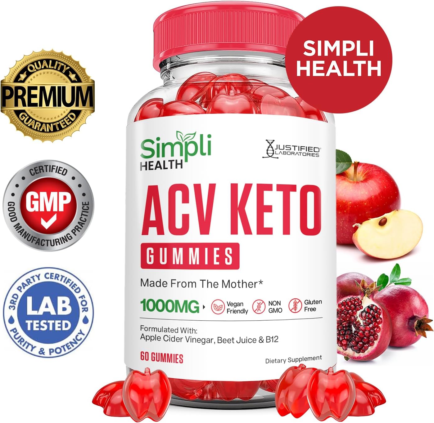 10 Pack of Justified Laboratories Simpli Health Keto ACV Gummies - Advanced Formula with 1000MG Ketonature Keto Gummies with Apple Cider Vinegar, Pomegranate, Beet Juice Powder, B12 - Vegan, Non GMO (600 Gummies)