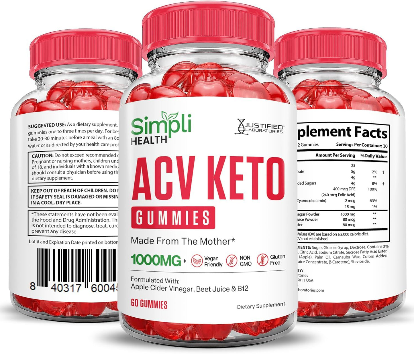 10 Pack of Justified Laboratories Simpli Health Keto ACV Gummies - Advanced Formula with 1000MG Ketonature Keto Gummies with Apple Cider Vinegar, Pomegranate, Beet Juice Powder, B12 - Vegan, Non GMO (600 Gummies)