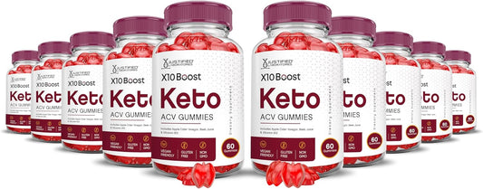 10 Pack of Justified Laboratories X10 Boots Keto ACV Gummies - Advanced Formula 1000MG - Apple Cider Vinegar & Pomegranate Beet Juice - Vegan & Non GMO - 600 Gummies