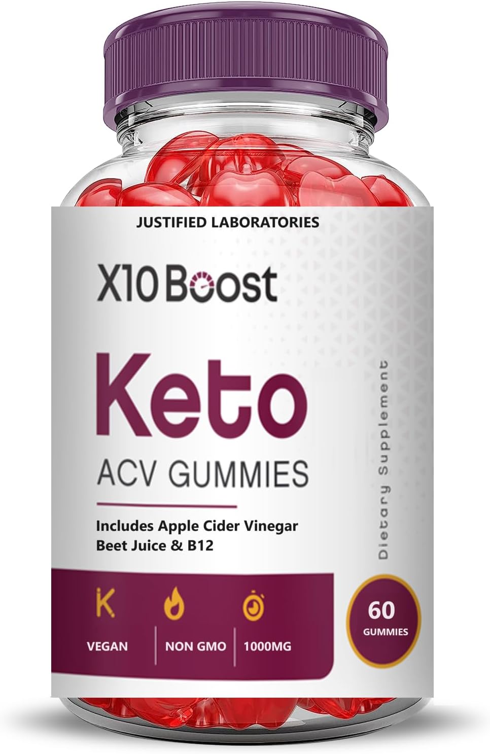 10 Pack of Justified Laboratories X10 Boots Keto ACV Gummies - Advanced Formula 1000MG - Apple Cider Vinegar & Pomegranate Beet Juice - Vegan & Non GMO - 600 Gummies