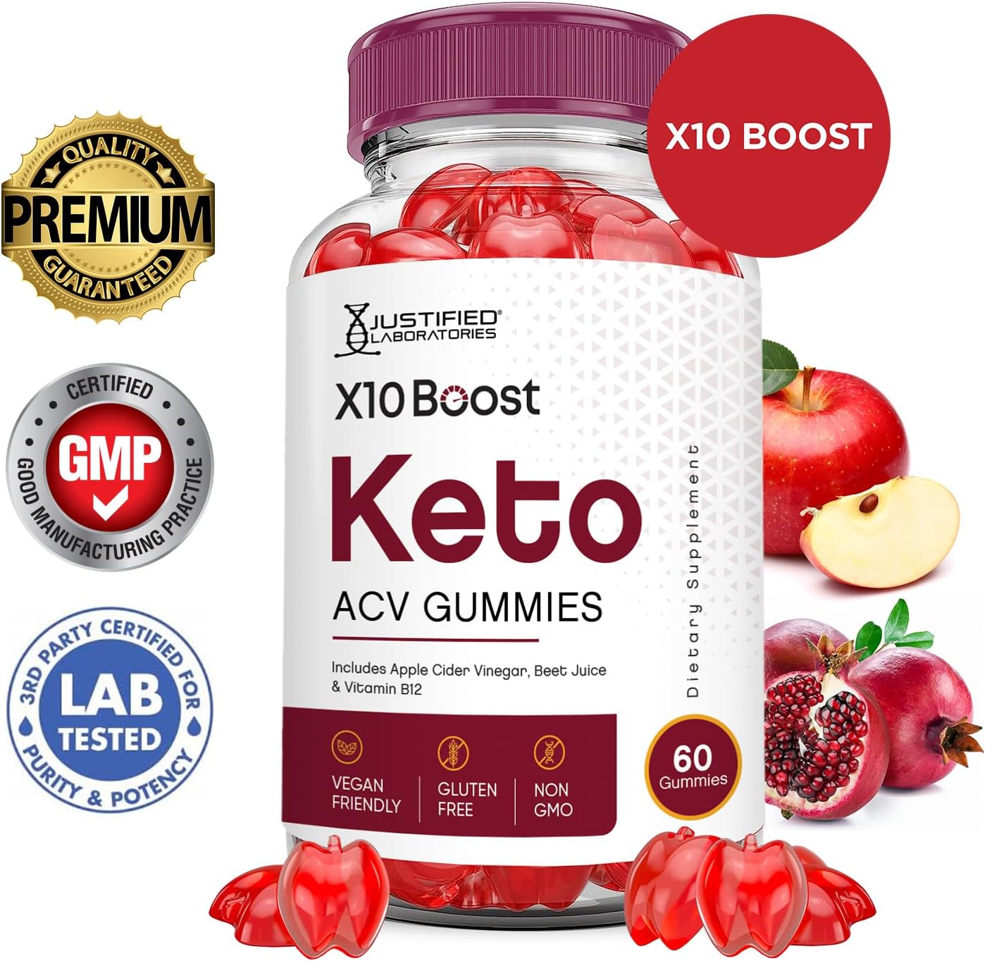 10 Pack of Justified Laboratories X10 Boots Keto ACV Gummies - Advanced Formula 1000MG - Apple Cider Vinegar & Pomegranate Beet Juice - Vegan & Non GMO - 600 Gummies