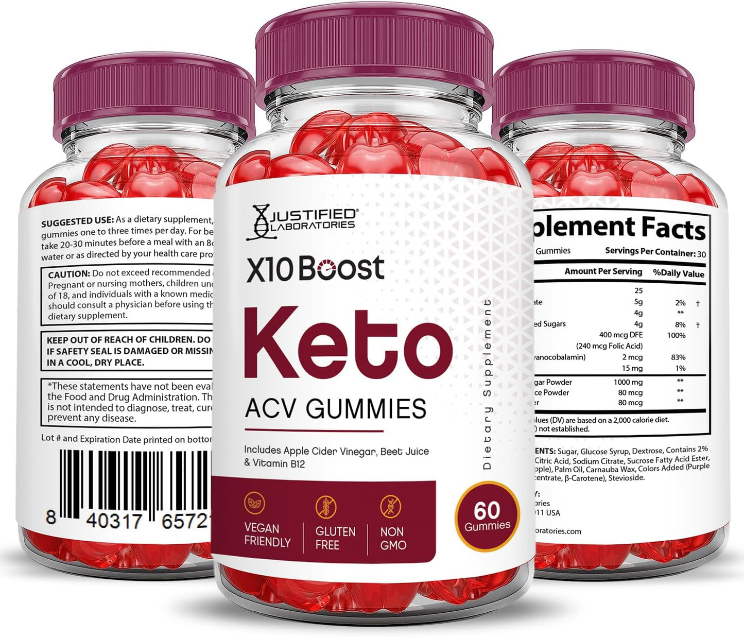10 Pack of Justified Laboratories X10 Boots Keto ACV Gummies - Advanced Formula 1000MG - Apple Cider Vinegar & Pomegranate Beet Juice - Vegan & Non GMO - 600 Gummies