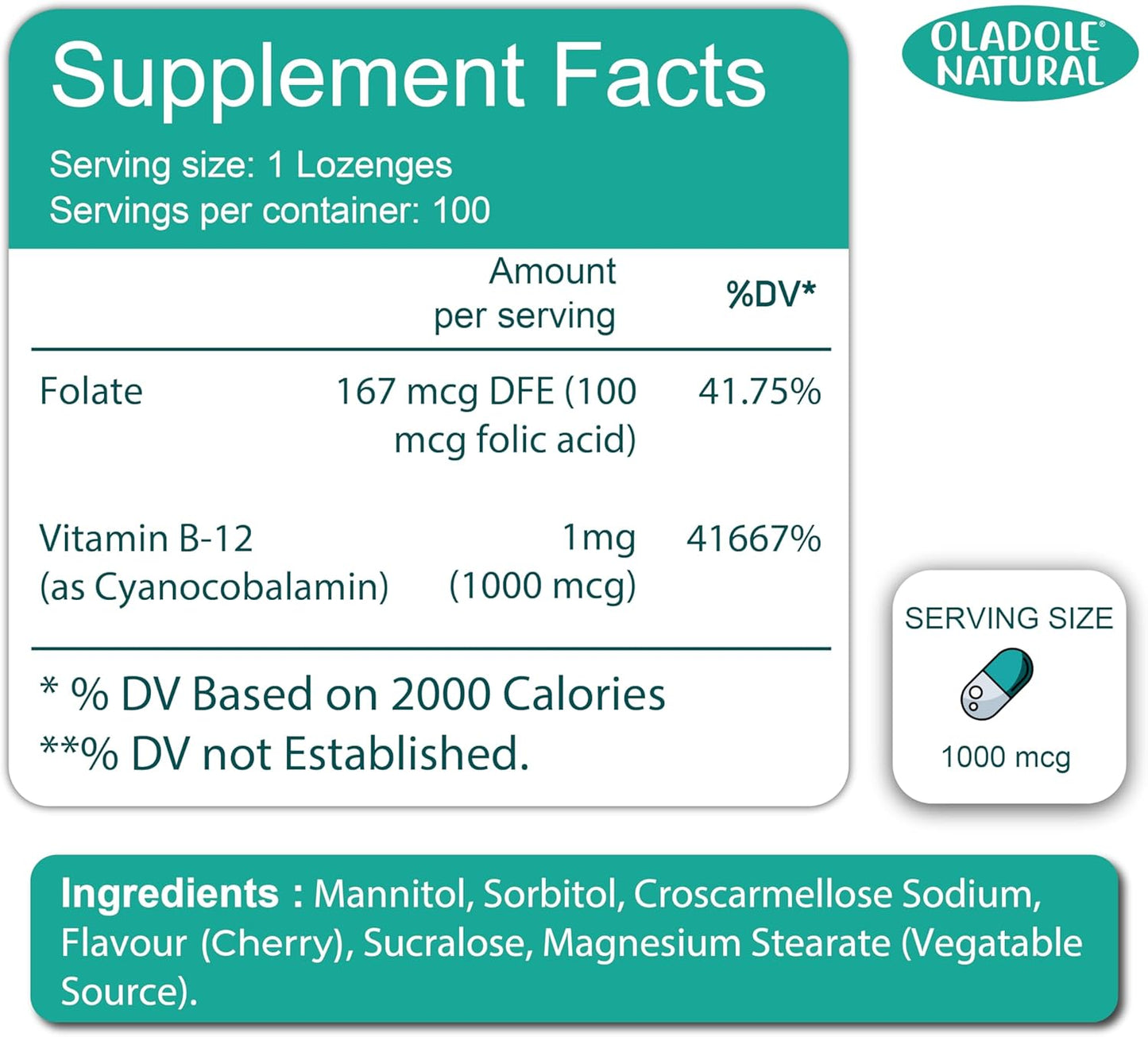 100 Black Cherry Flavour B-12 Lozenges with Folic Acid for Energy Boost and Immune Support