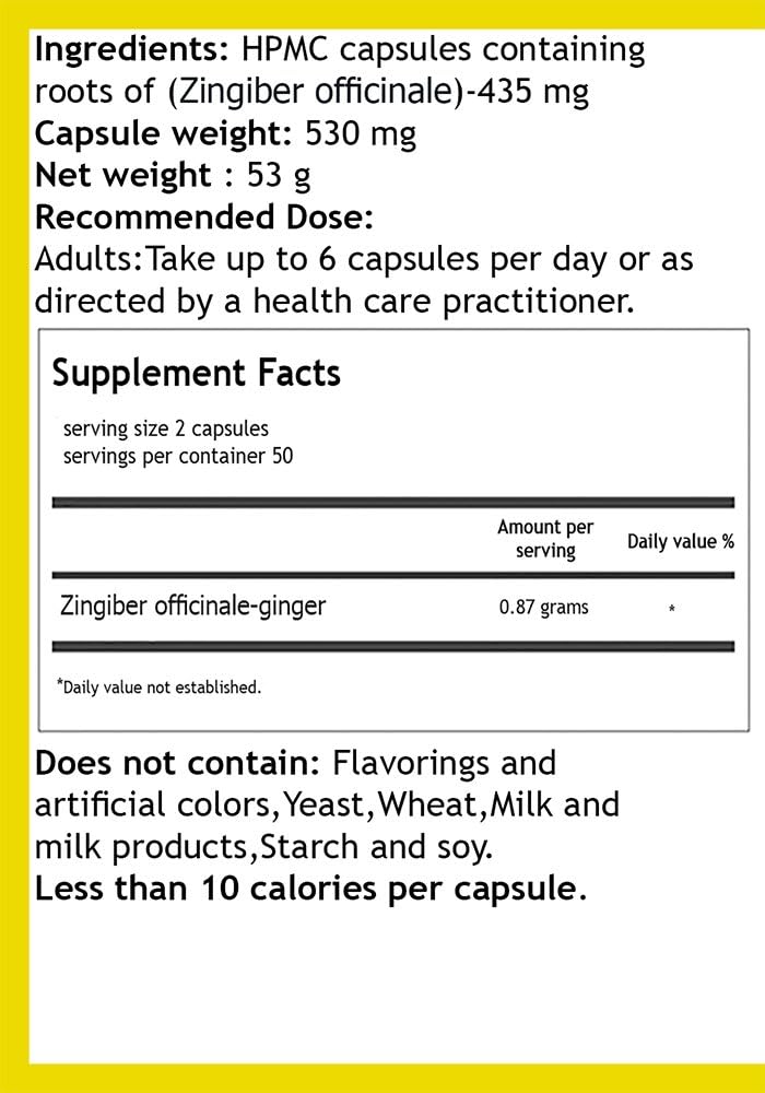 100 Capsules of Hekma Center Pure Ginger Root for Nausea Relief - Vegan-Friendly Supplement