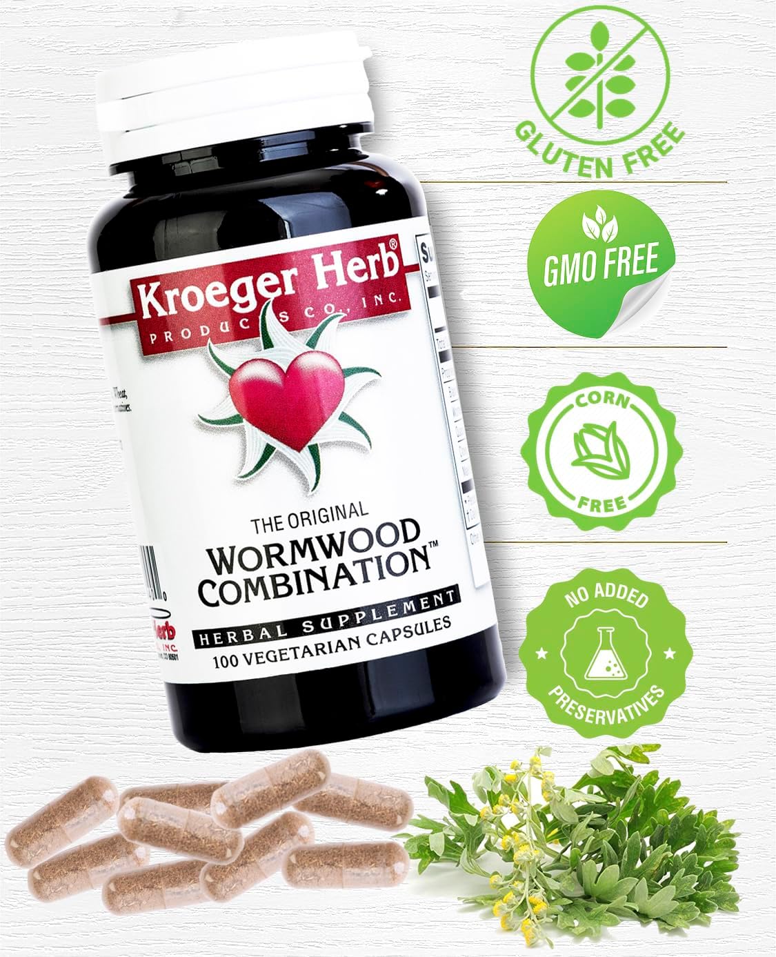 100 Count Kroeger Herb Wormwood Combination Vegetarian Capsules - Herbal Supplement for Digestive Health