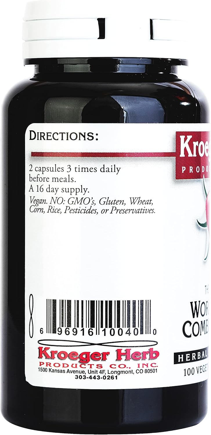 100 Count Kroeger Herb Wormwood Combination Vegetarian Capsules - Herbal Supplement for Digestive Health