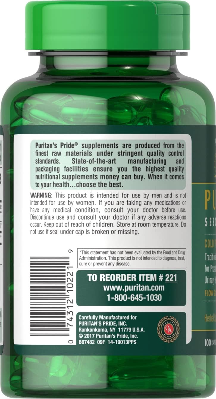 100 Count Puritan's Pride Pumpkin Seed Oil Capsules for Prostate & Urinary Health - Pack of 1