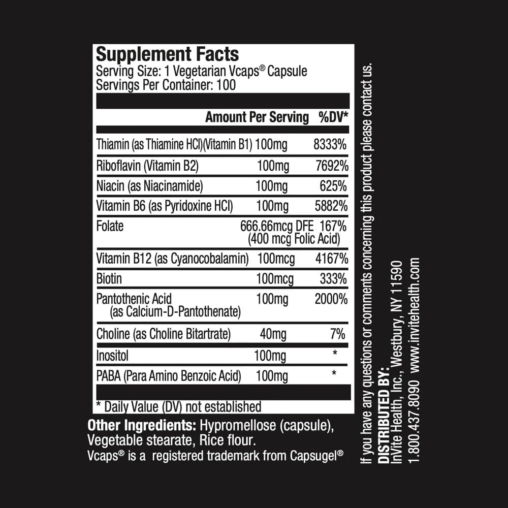 100 Day Supply Invite Health B-Complex 100 Vegetarian Capsules for Mood, Energy, Immune Health & Wellness