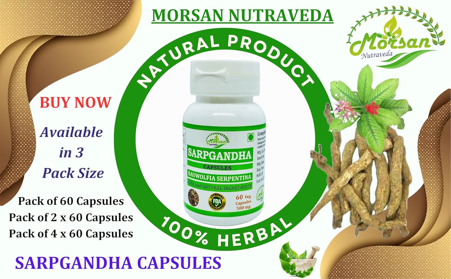 100% Herbal Morsan Nutraveda Rauwolfia Serpentina Extract Capsules | Highest Potency | Pack of 120 Veg Capsules | 1000 mg.
