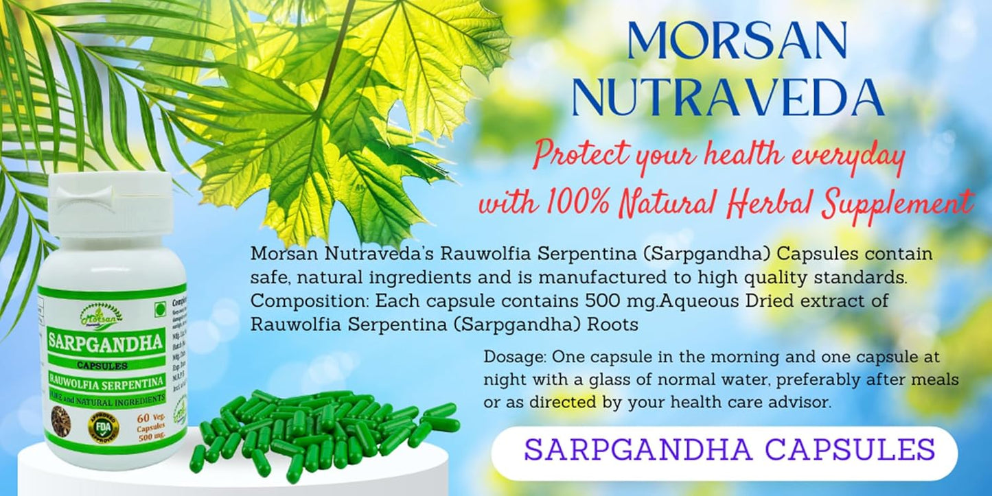 100% Herbal Morsan Nutraveda Rauwolfia Serpentina Extract Capsules | Highest Potency | Pack of 120 Veg Capsules | 1000 mg.