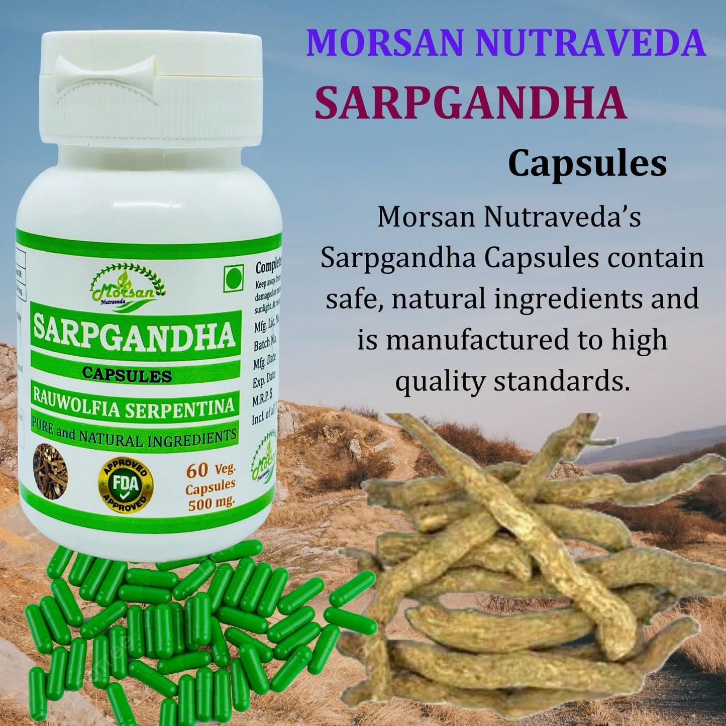 100% Herbal Morsan Nutraveda Rauwolfia Serpentina Extract Capsules | Highest Potency | Pack of 120 Veg Capsules | 1000 mg.
