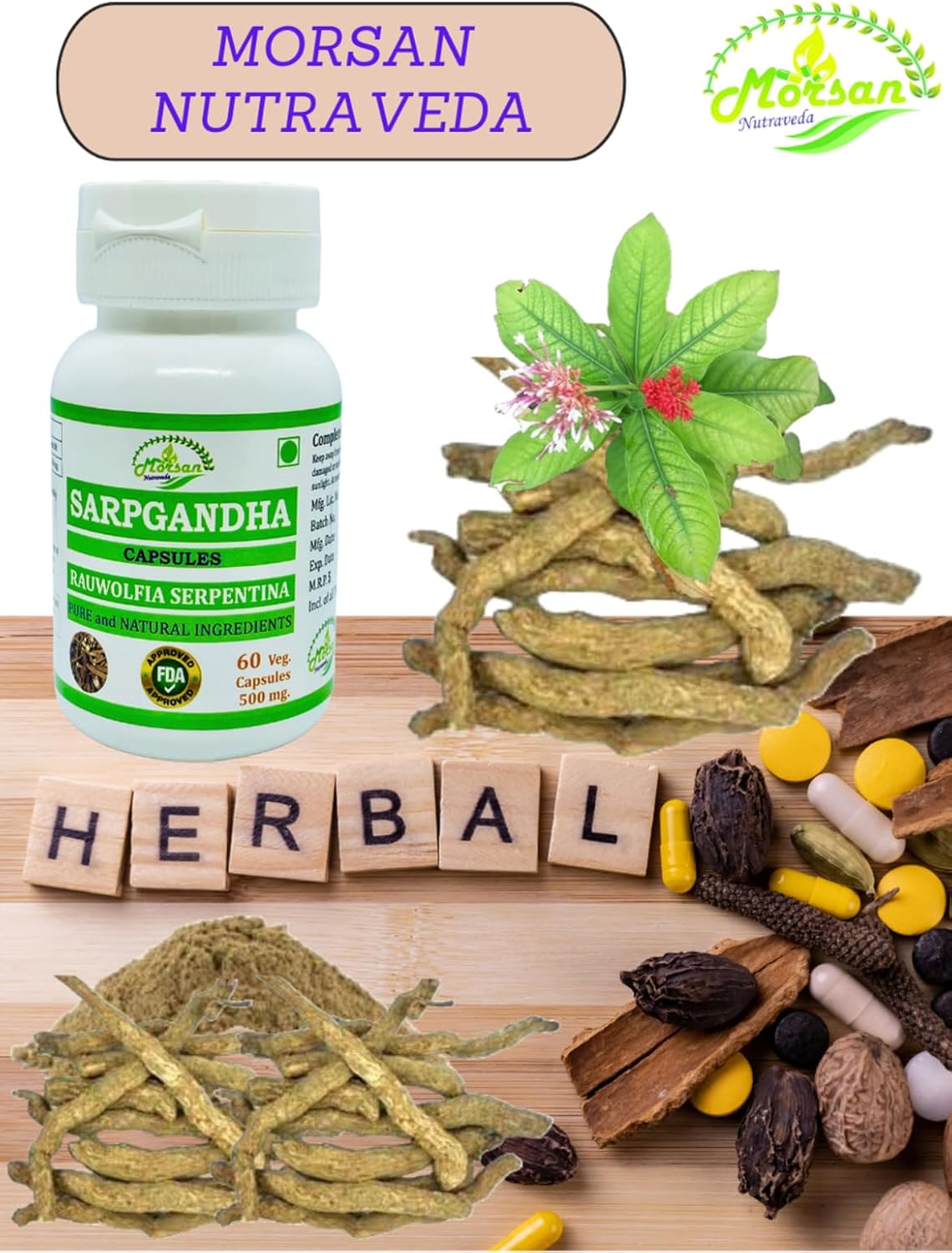 100% Herbal Morsan Nutraveda Rauwolfia Serpentina Extract Capsules | Highest Potency | Pack of 120 Veg Capsules | 1000 mg.