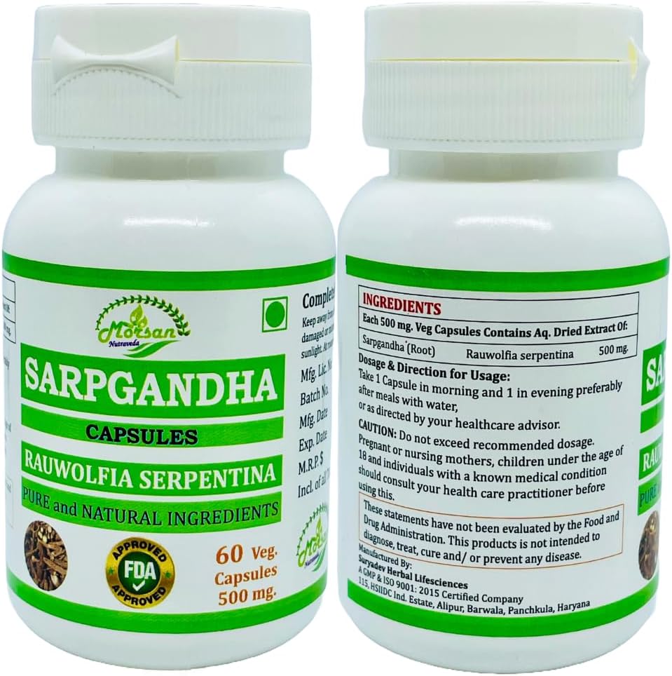 100% Herbal Morsan Nutraveda Rauwolfia Serpentina Extract Capsules | Highest Potency | Pack of 120 Veg Capsules | 1000 mg.