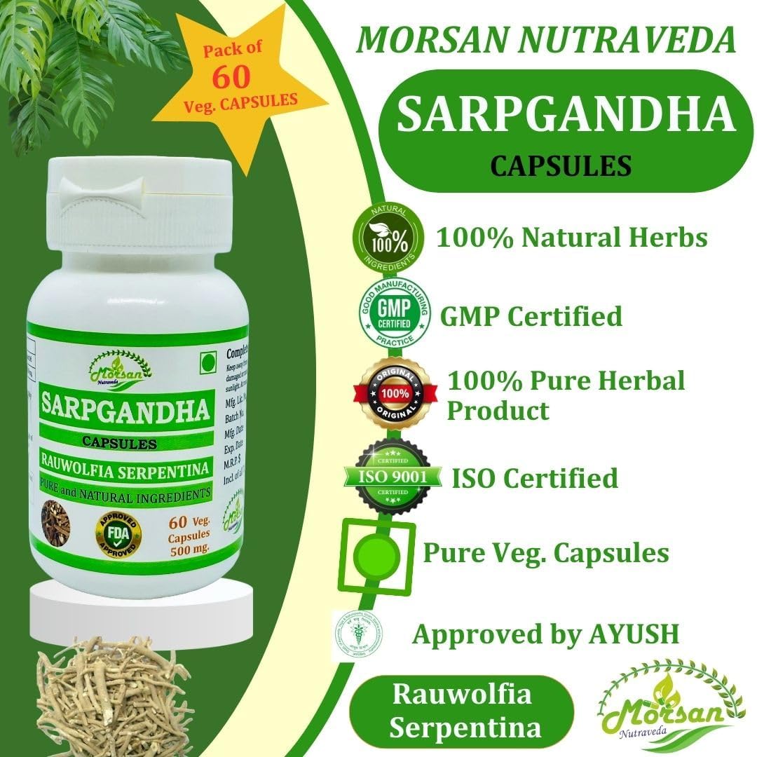 100% Herbal Morsan Nutraveda Rauwolfia Serpentina Extract Capsules | Highest Potency | Pack of 120 Veg Capsules | 1000 mg.