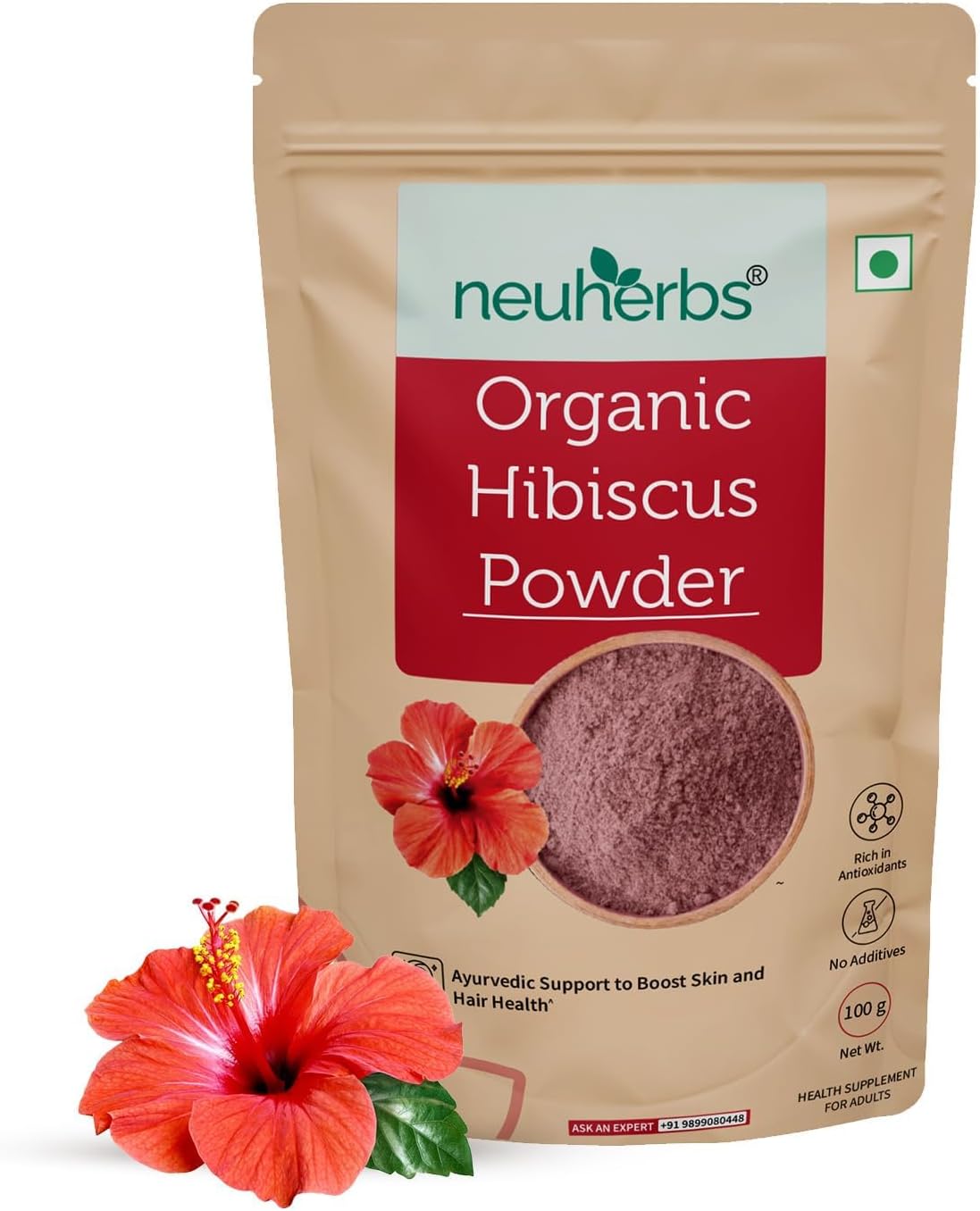 100% Natural Organic Hibiscus Powder (100g) for Skin & Hair Health | Ayurvedic Care for Men & Women | Vegan Friendly | High in Antioxidants & Vitamin C | No Additives | Single Pack