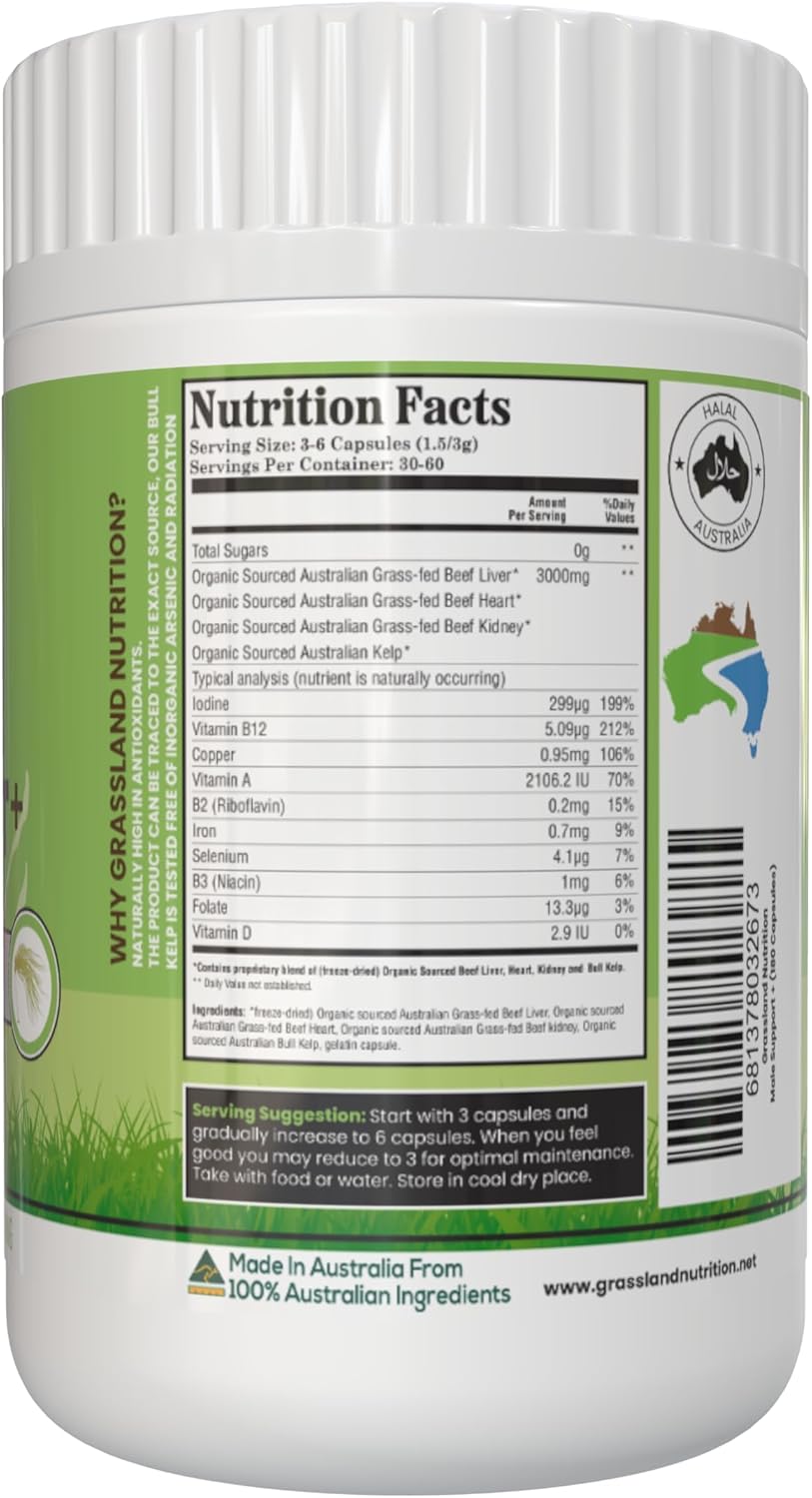 100% Organic Australian Grassland Nutrition: Beef Organ Male Support Blend with B12, CoQ10, Iodine (180 Capsules)