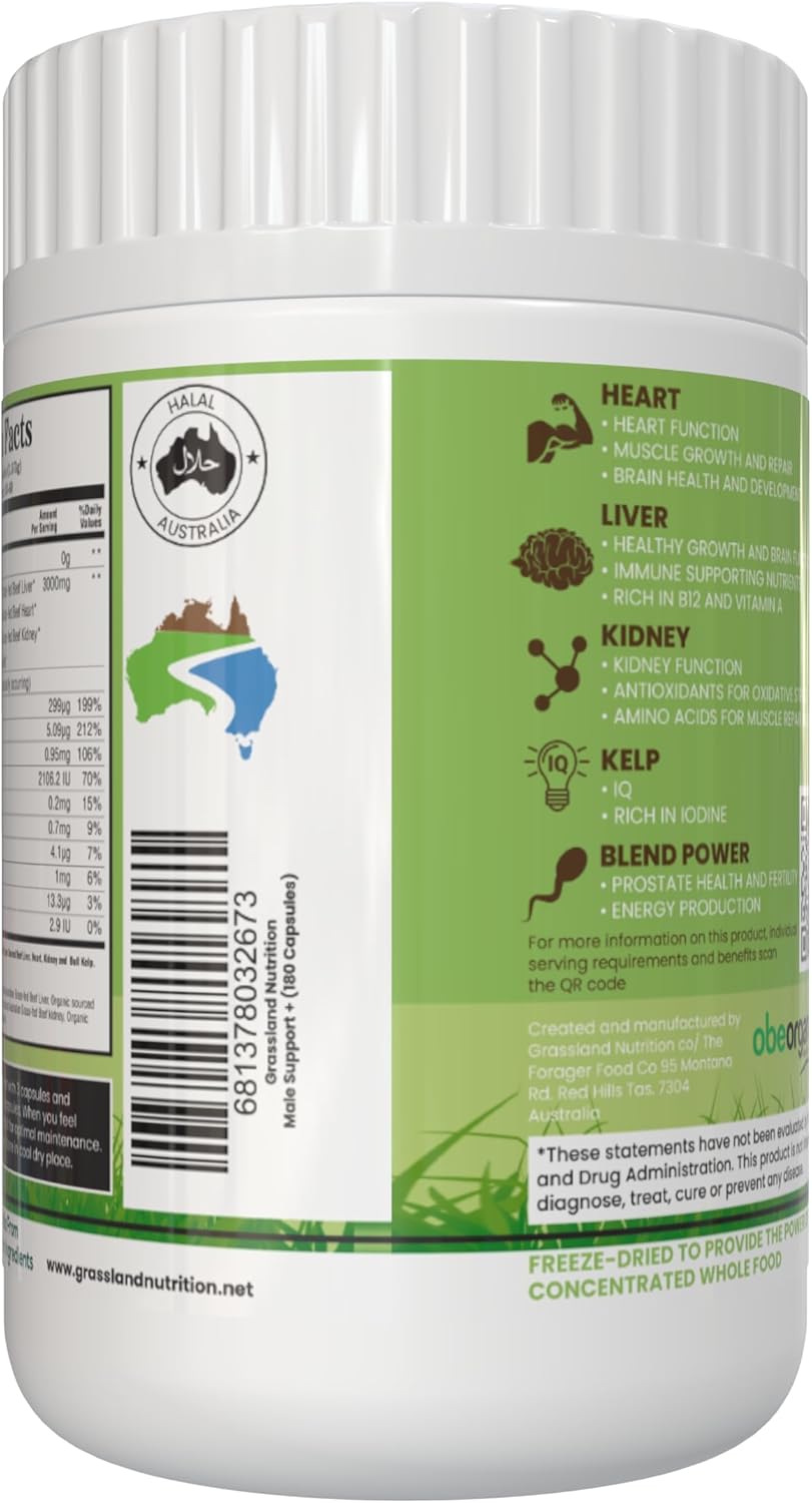 100% Organic Australian Grassland Nutrition: Beef Organ Male Support Blend with B12, CoQ10, Iodine (180 Capsules)