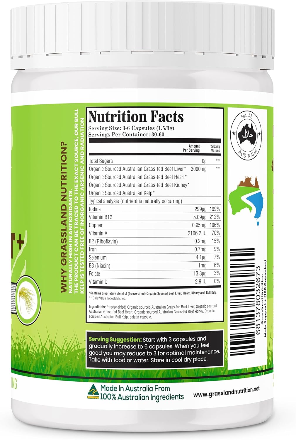 100% Organic Australian Grassland Nutrition: Beef Organ Male Support Blend with B12, CoQ10, Iodine (180 Capsules)