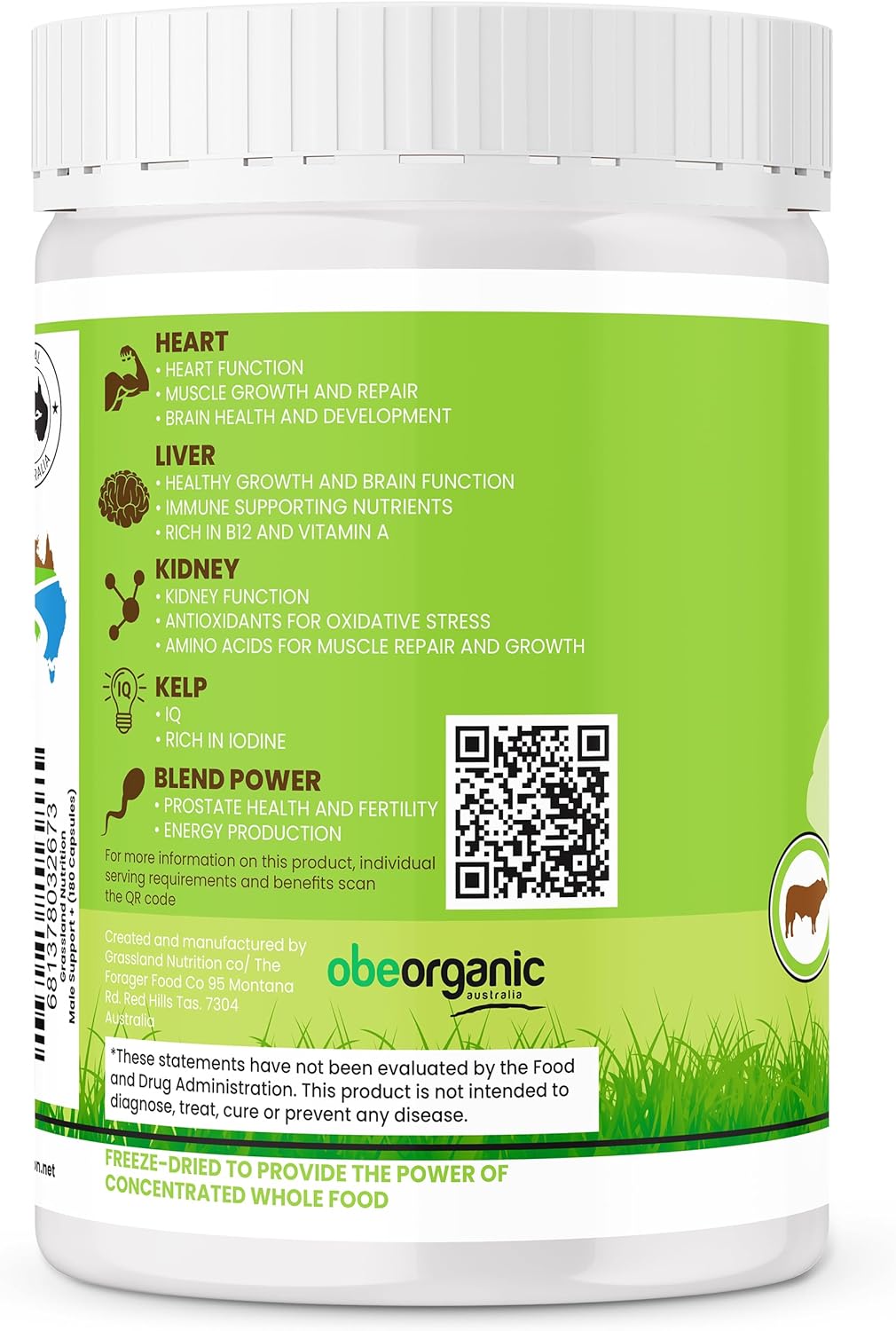 100% Organic Australian Grassland Nutrition: Beef Organ Male Support Blend with B12, CoQ10, Iodine (180 Capsules)