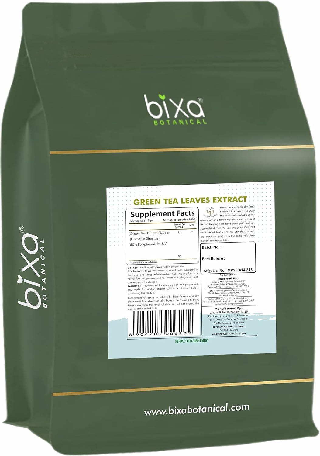 100% Pure Authentic Premium Quality Bixa BOTANICAL Ayurvedic Green Tea Supplement - 1Kg Pack with 50% Polyphenols