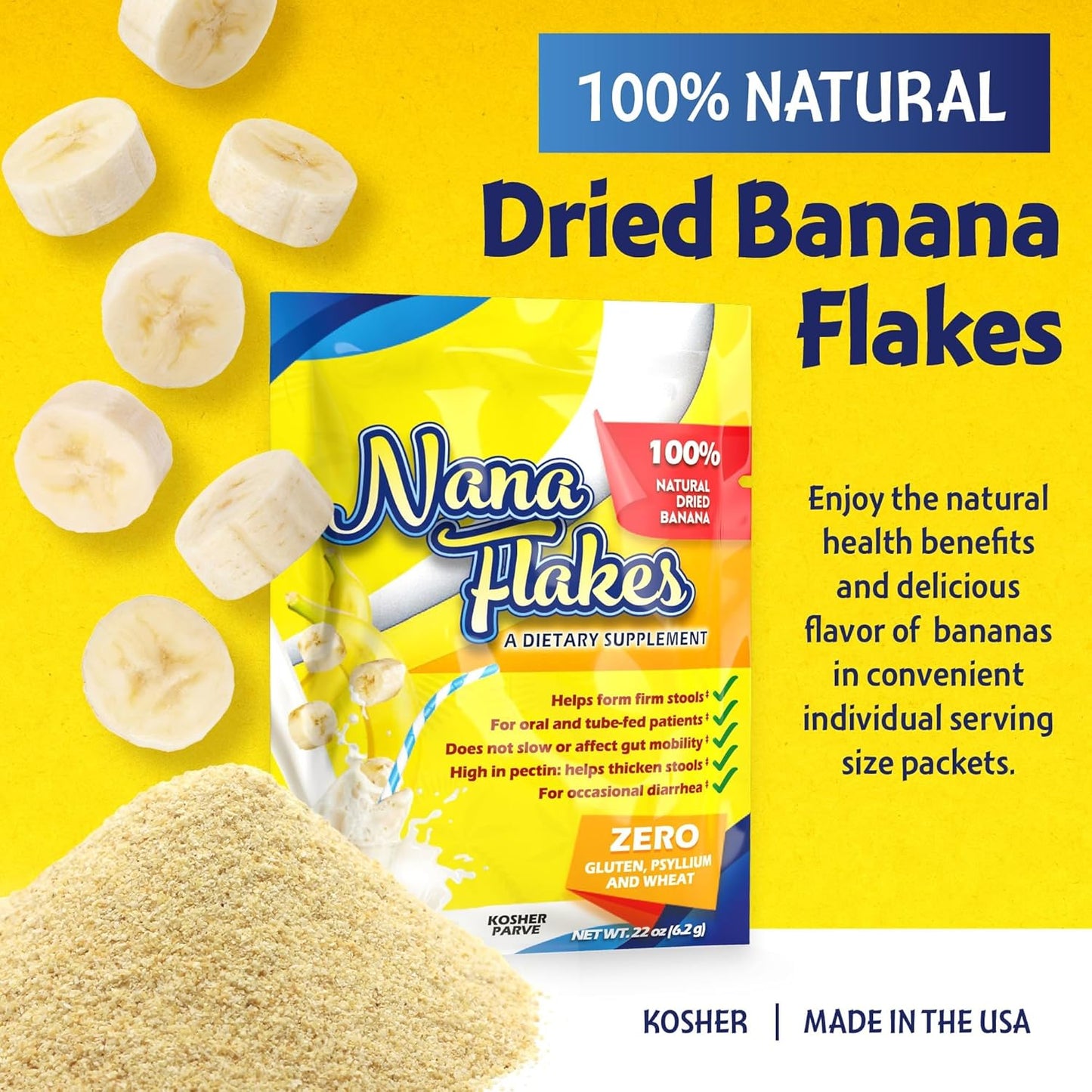 100% Pure Banana Flakes Powder - Nutritional Designs Nana Flakes for Digestive Health - High Protein & Fiber Content - 100 Single-Serve Packs