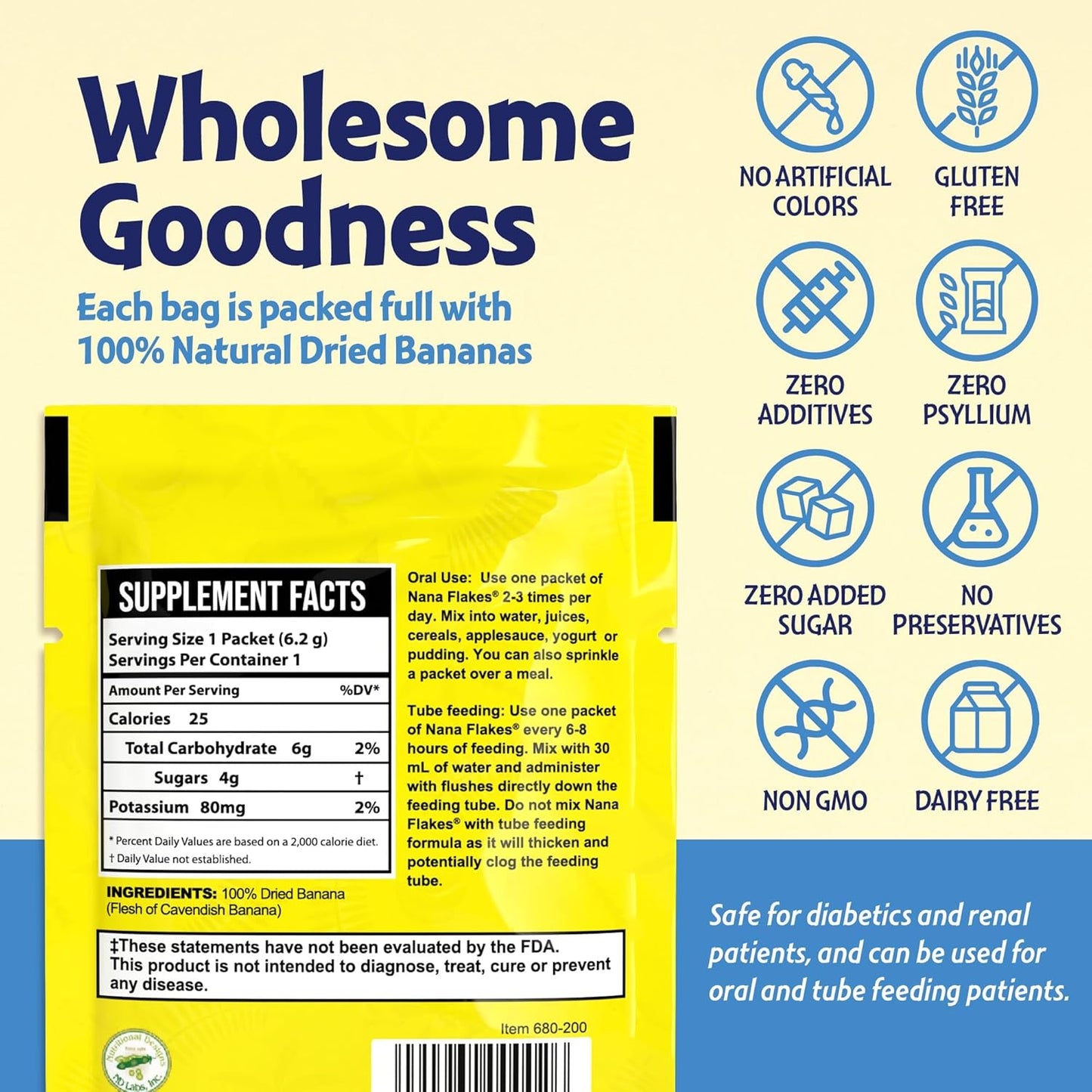 100% Pure Banana Flakes Powder - Nutritional Designs Nana Flakes for Digestive Health - High Protein & Fiber Content - 100 Single-Serve Packs