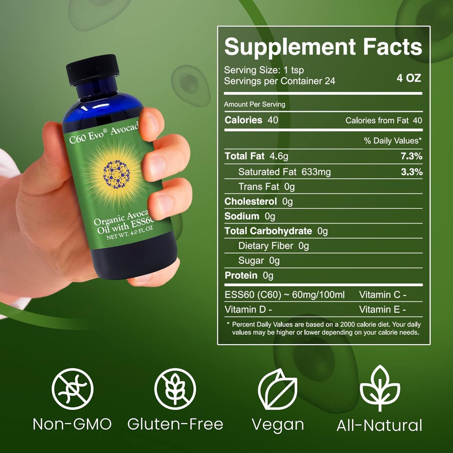 100% Pure ESS60 Avocado Oil for Joint Health, Flexibility, Energy, Immunity, and Sleep - 4 oz