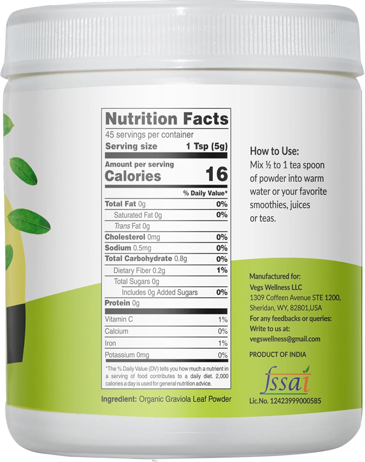 100% Pure Graviola Soursop Leaf Powder - Premium Grade Whole Green Organic Soursop with Antioxidants, Vitamins, Minerals - Vegan, Non-GMO - 8 oz
