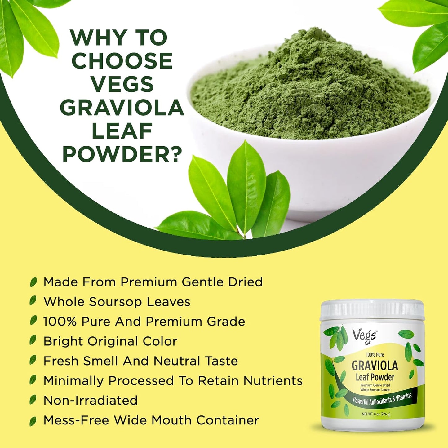 100% Pure Graviola Soursop Leaf Powder - Premium Grade Whole Green Organic Soursop with Antioxidants, Vitamins, Minerals - Vegan, Non-GMO - 8 oz