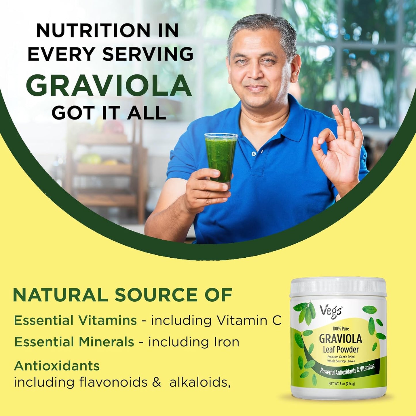 100% Pure Graviola Soursop Leaf Powder - Premium Grade Whole Green Organic Soursop with Antioxidants, Vitamins, Minerals - Vegan, Non-GMO - 8 oz