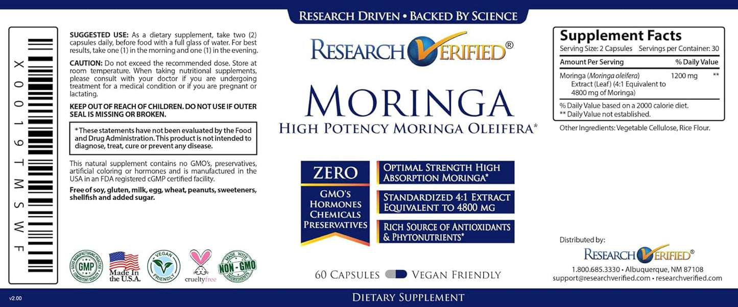 100% Pure Moringa Oleifera Extract - 1200mg Per Serving - 60 Capsules - 3 Month Supply