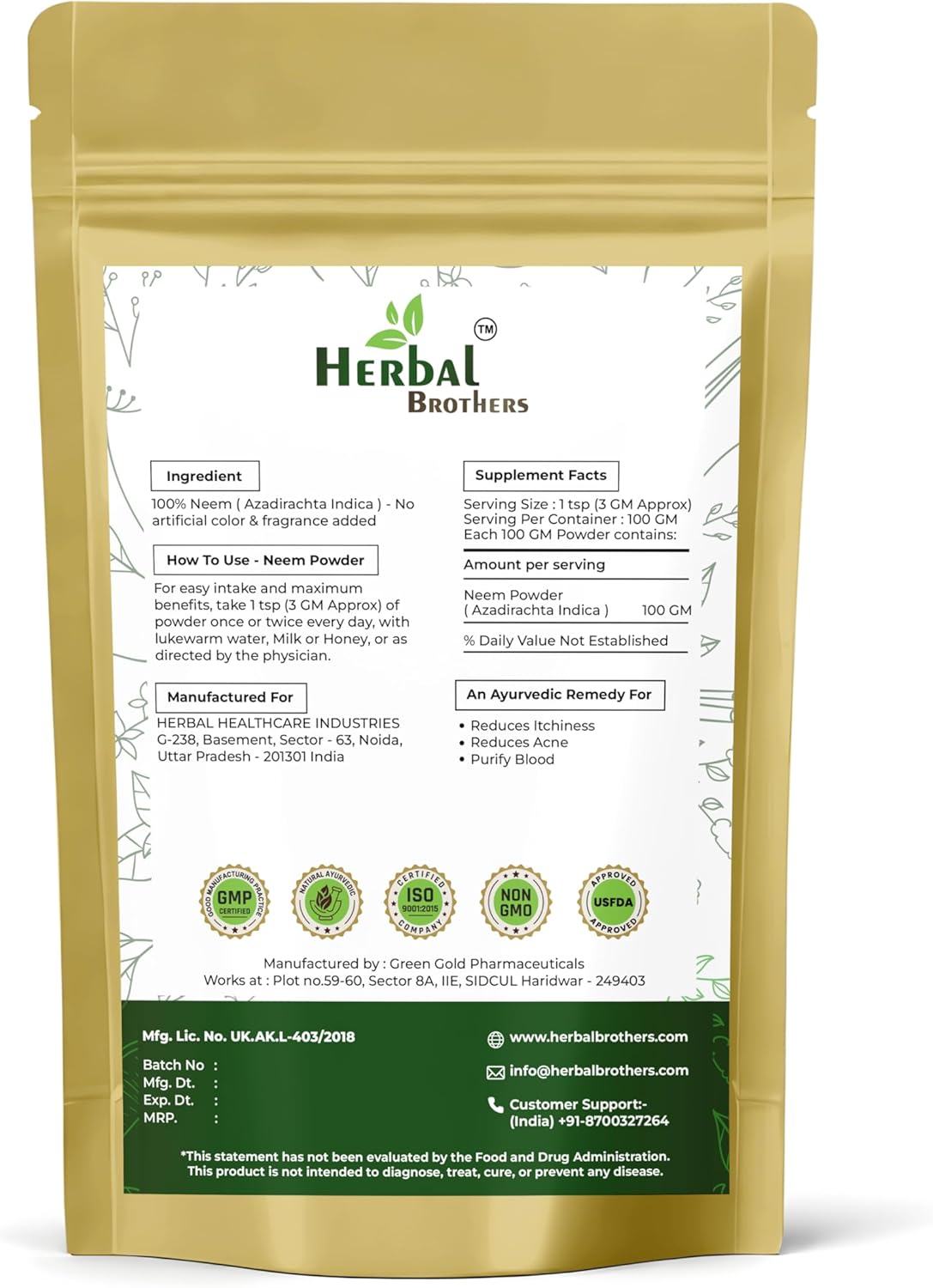 100% Pure & Natural Organic Neem Powder for Skin, Hair Care & Detox - Ayurvedic Herbal Supplement - 100 Gm, Pack of 1 Brown