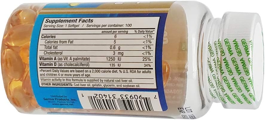 100 Pure Norwegian Cod Liver Oil Capsules - Aceite De Higado De Bacalao - GERMA
