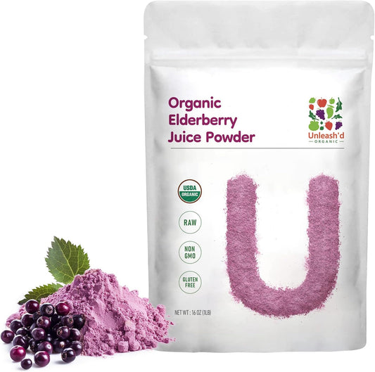 100% Pure Organic Elderberry Juice Powder - 16 oz - Rich in Antioxidants and Multivitamins - High Antioxidant Effects - Anti-Inflammatory - Natural Green Food