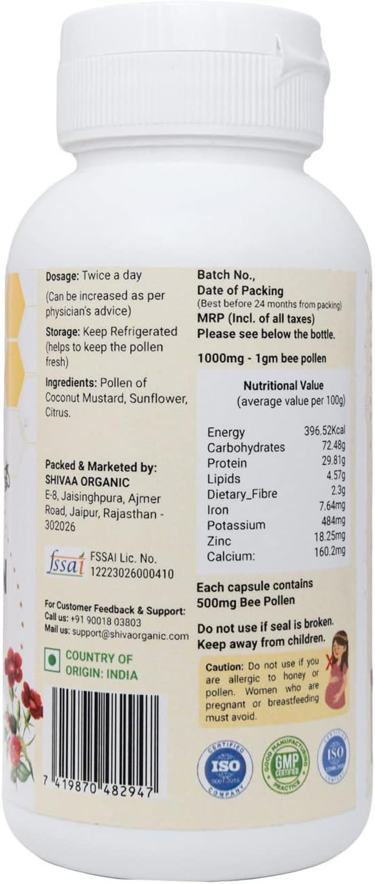 100% Pure Shiva Organic Multi Flora Bee Pollen Capsules (500mg) - Natural Plant-Based Protein, Immunity & Energy Booster, High in Vitamins - 100 Count