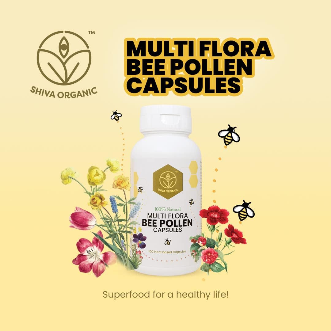 100% Pure Shiva Organic Multi Flora Bee Pollen Capsules (500mg) - Natural Plant-Based Protein, Immunity & Energy Booster, High in Vitamins - 100 Count
