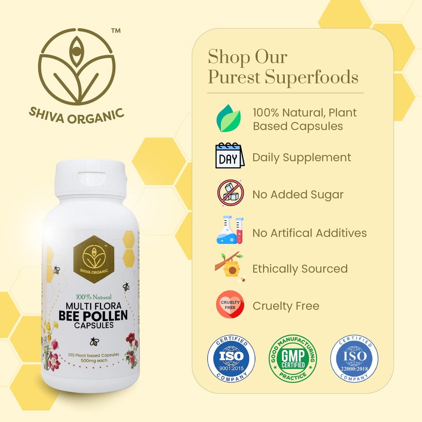 100% Pure Shiva Organic Multi Flora Bee Pollen Capsules (500mg) - Natural Plant-Based Protein, Immunity & Energy Booster, High in Vitamins - 100 Count
