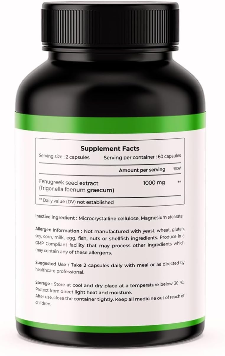 1000 mg Fenugreek Seed Extract Supplement for Improved Digestion and Increased Lactation - 60 Capsules