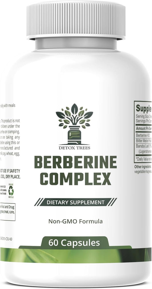 1000mg Detox Trees Berberine Supplement with Bitter Melon and Banaba Leaf Extract - Supports Immune System and Weight Management - Non-GMO, Gluten-Free Complex - 60 Capsules