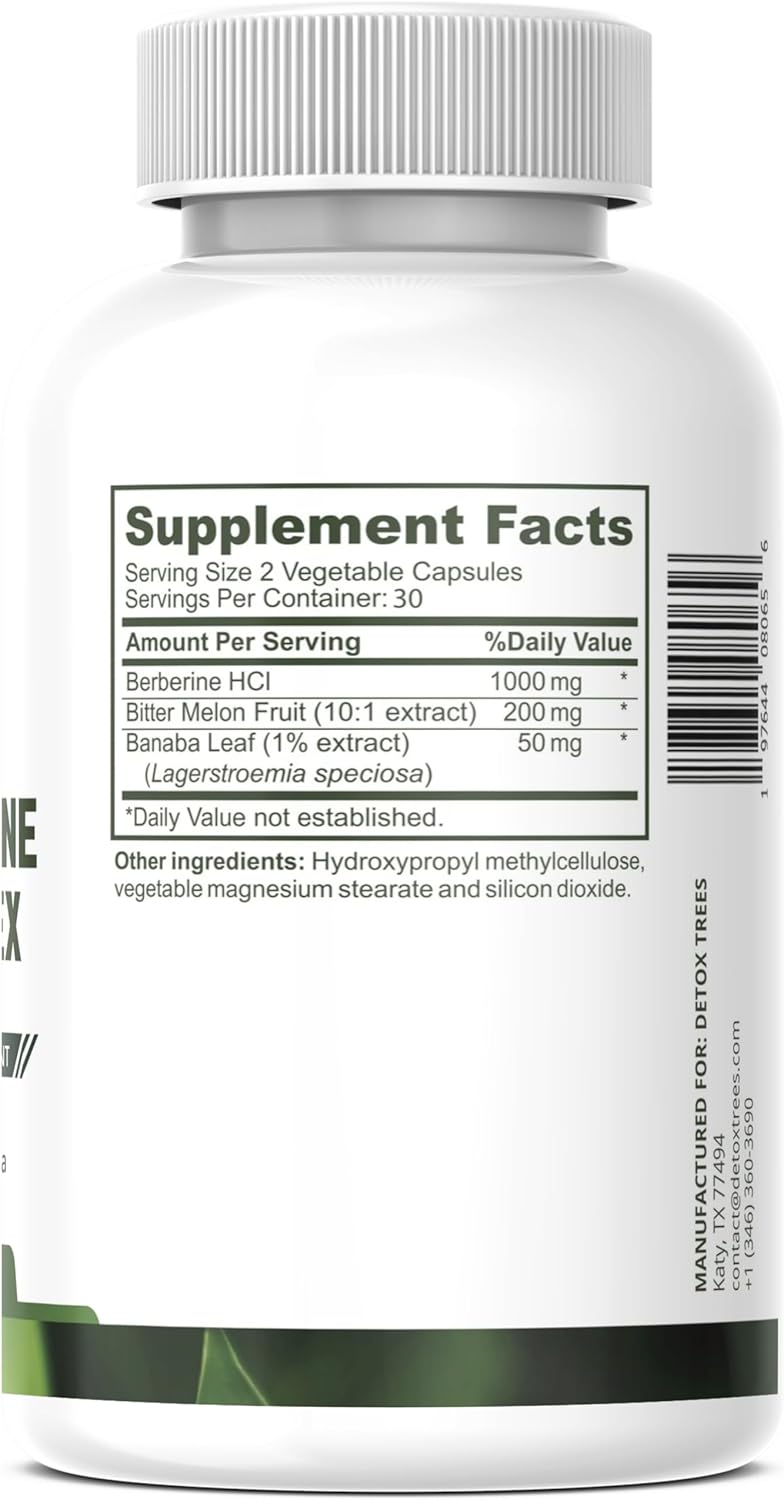 1000mg Detox Trees Berberine Supplement with Bitter Melon and Banaba Leaf Extract - Supports Immune System and Weight Management - Non-GMO, Gluten-Free Complex - 60 Capsules