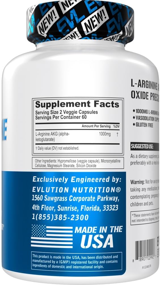 1000mg L-Arginine AKG Capsules for Vasodilation & Nutrient Delivery Support - Non-GMO & Gluten Free Dietary Supplement - 60 Servings