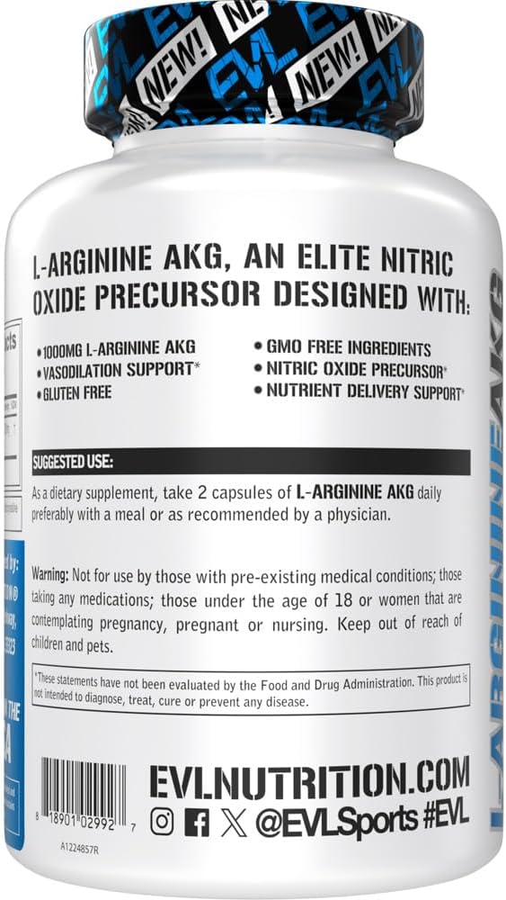 1000mg L-Arginine AKG Capsules for Vasodilation & Nutrient Delivery Support - Non-GMO & Gluten Free Dietary Supplement - 60 Servings