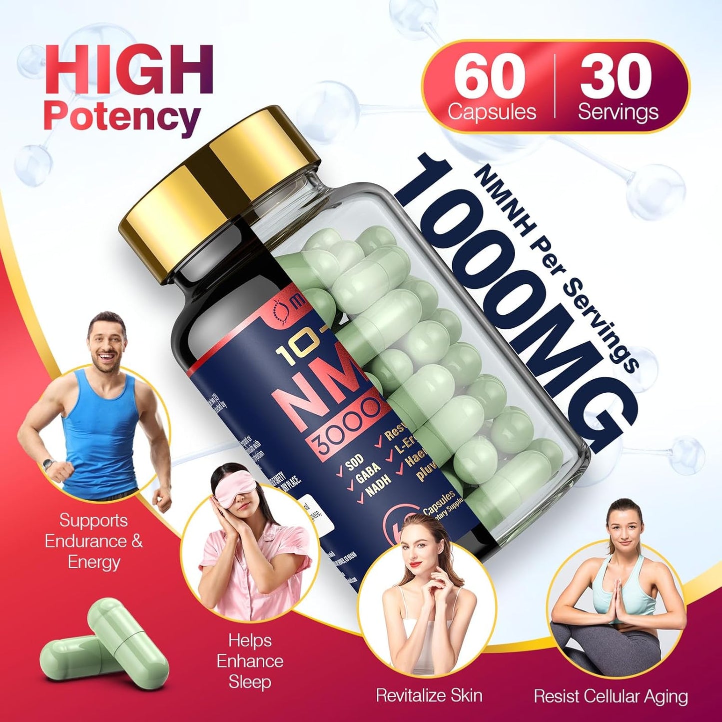 1000mg Molorik NMNH Dihydronicotinamide Mononucleotide Capsules for Anti-Aging, Energy, and Focus - Gluten Free, Non-GMO - 027