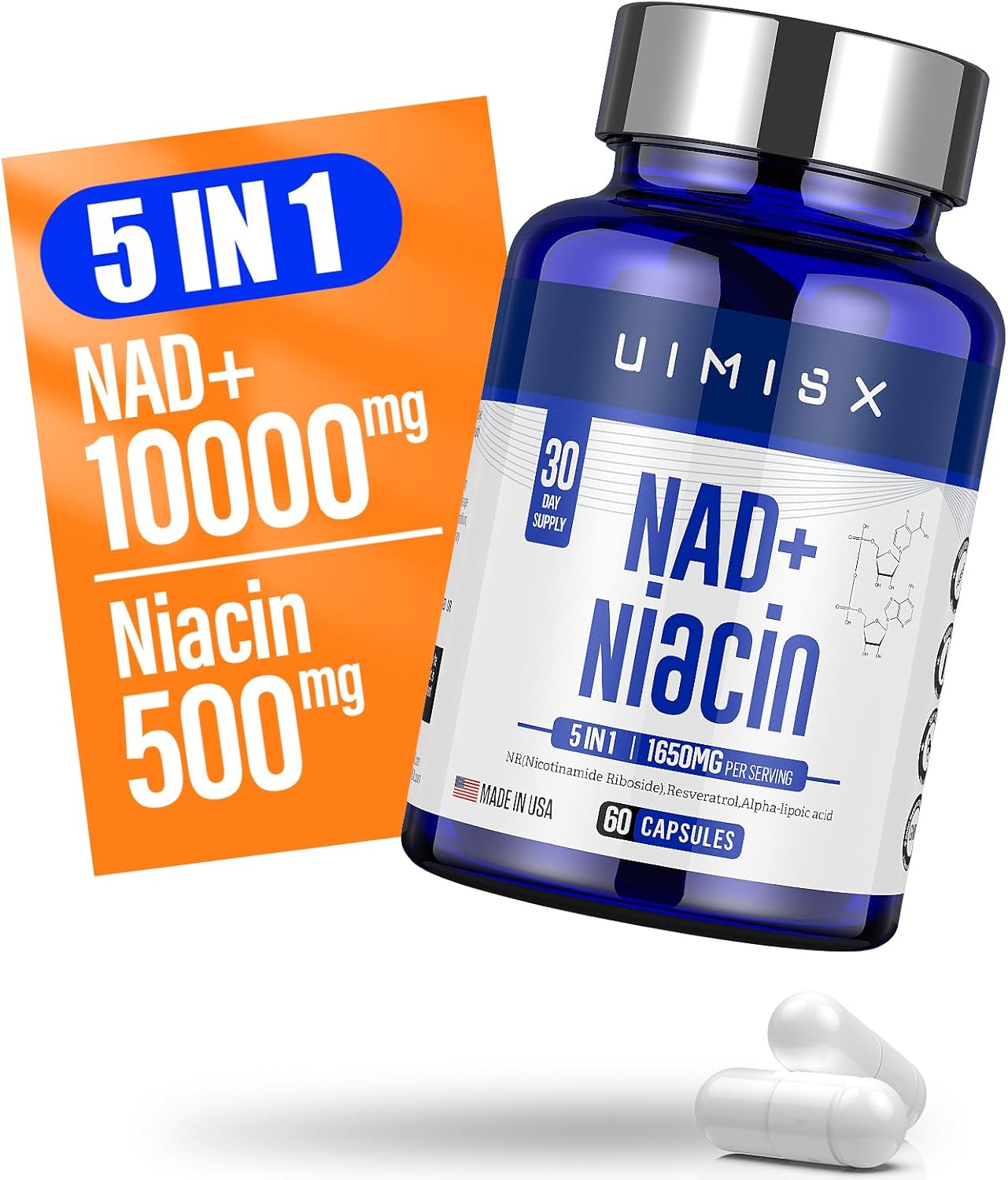 1000mg NAD+ & 500mg Niacin Vitamin B3 Supplement for Anti-Aging and Energy - Non-GMO and Gluten-Free Nicotinamide Riboside (NR) Formula for Men and Women - Supports Brain and Muscle Health