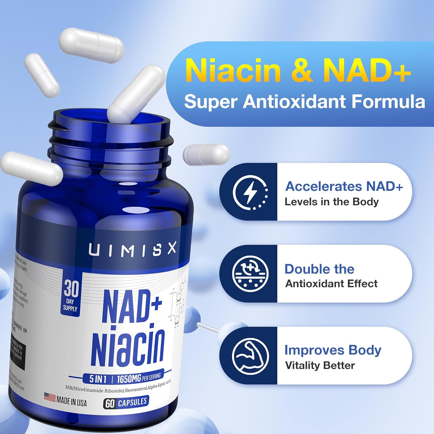 1000mg NAD+ & 500mg Niacin Vitamin B3 Supplement for Anti-Aging and Energy - Non-GMO and Gluten-Free Nicotinamide Riboside (NR) Formula for Men and Women - Supports Brain and Muscle Health